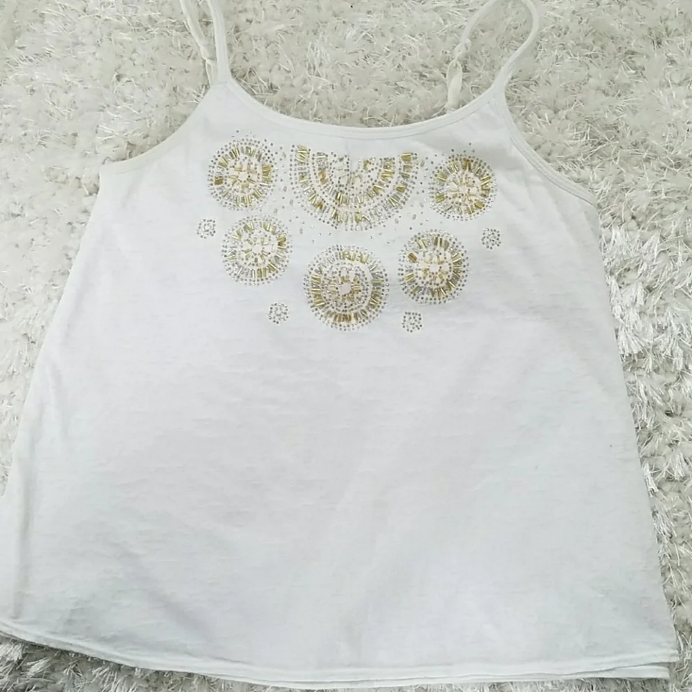 White cami, gold/silver design on front, size 12